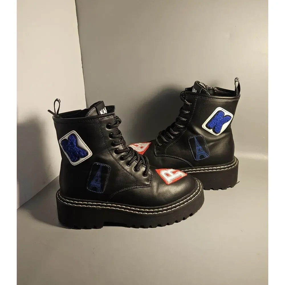 Karl Lagerfeld Paris Zip Up Combat Boots Dixie E23 Patches Embellishments Sz 6